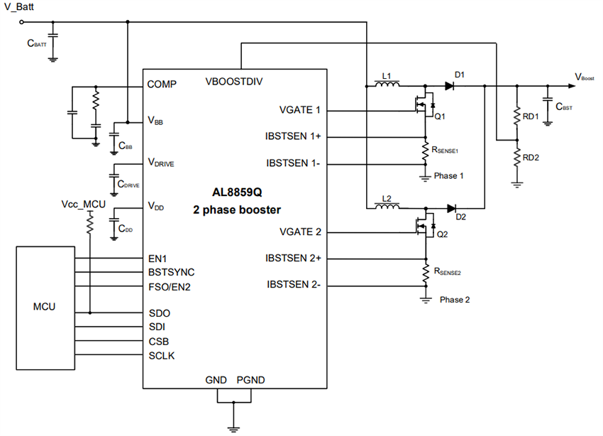 应用电路图 - Diodes Incorporated AL8859Q FlexPhase SPI升压控制器